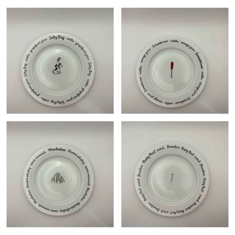 4 Pottery Barn Bar Lingo Cocktail Appetizer Plates 8"  Drink Recipes Set